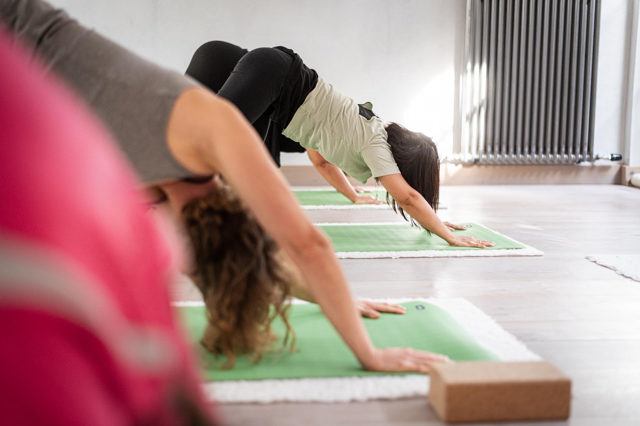 Teilnehmerinnen in Vorbeuge auf Yogamatten